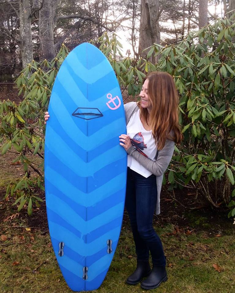 Custom groveler type shortboard, the "Boston Bean", with blue resin tint. Made by Twinlights Surfboards, designed by Drift Surf Shop.